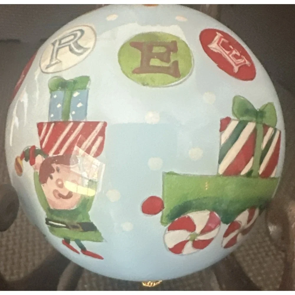 Pier 1 Li Bien Christmas Ornament 2012 Greetings Elves Train 3 1/2